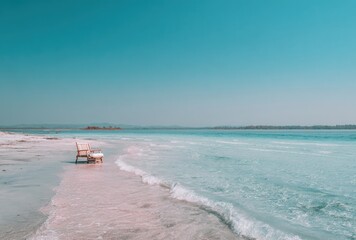 Serene seascape featuring a wicker chair and book on a pale sand beach where light waves gently meet the shore under a clear azure sky