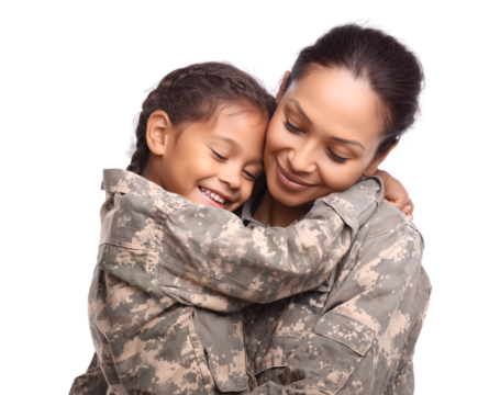 portrait of a military mother and her young daughter, both in camouflage uniforms, sharing a close and affectionate embrace isolated on a transparent background - Powered by Adobe