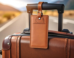 Brown leather luggage tag on rolling suitcase closeup
