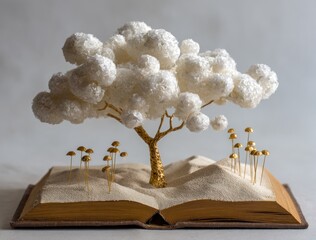 Surreal book scene with golden tree and mushrooms growing from sand-filled pages under a cloudy white sky