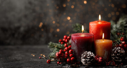 Advent candles on a dark background with a bokeh effect, a Christmas concept, and copy space for text