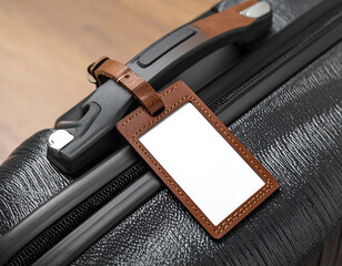 Leather luggage tag attached to black suitcase handle