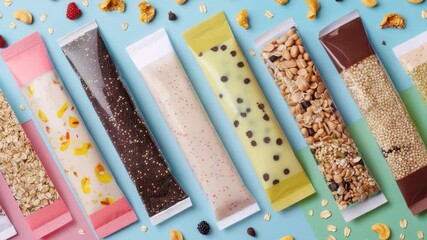 Assortment of granola bars on a bright blue background, ideal for food or wellness advertising