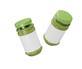 Two plastic jars with green powder and green caps for product mockup. 3d illustration
