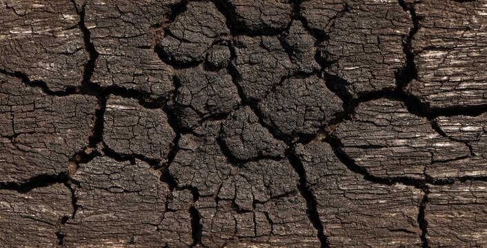 Charred wood surface with deep cracks