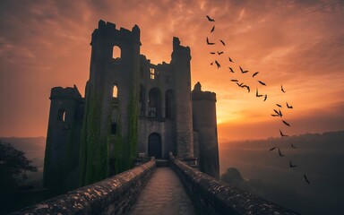 Obraz premium Castle ruin at orange sunset