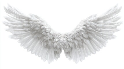 Obraz premium Two spread, soft white feathered wings displayed against a bright white background in a symmetrical arrangement