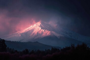 Snow-covered peak basks in the glow of a setting sun, nestled above forested hills. Soft clouds swirl through the dusk-tinged sky