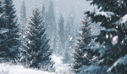 Evergreen forest scene in a winter landscape, with snow falling gently. Depth of field blurs the background