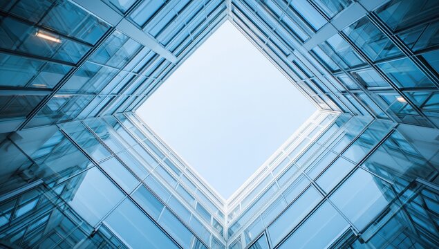Upward courtyard view framed by glass walls reveals symmetry, sky reflections, and modern architectural clarity.