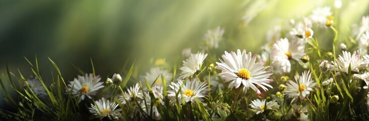 Field of daisies in soft light with green background. Natural light creates a peaceful, dreamy, floral scene