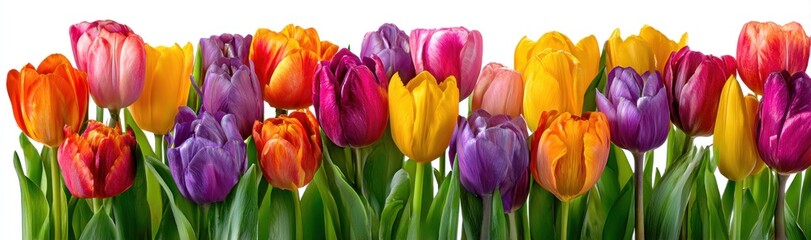 Fototapeta premium Vivid tulips bloom, showcasing colors like orange, yellow, purple, and pink against a clean, bright, white background