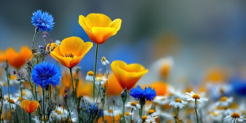 Vibrant field blooms with blue cornflowers, yellow California poppies, and white daisies in soft focus against a blurred blue background