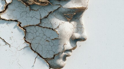 Cracked plaster face relief against white. Detailed fissures show age and fragility in natural light