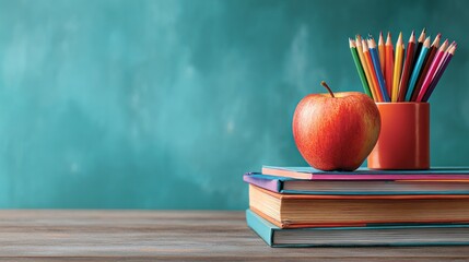 Stacked books, a red apple, and colorful pencils in a holder sit against a soft turquoise backdrop, evoking learning and education