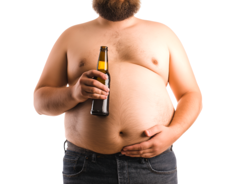 Overweight Man with Beer Bottle - Indulgence and Unhealthy Lifestyle isolated on a transparent background