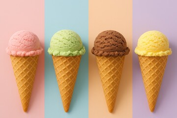 Ice cream scoops in waffle cones, pastel background

