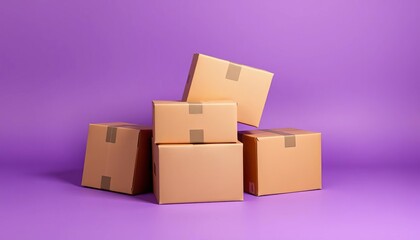 Three haphazardly stacked cardboard boxes on purple backdrop,  haphazard,  magenta