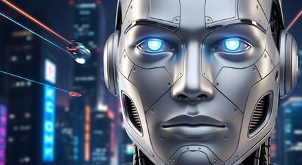 Futuristic Robot Face in Cyberpunk Cityscape