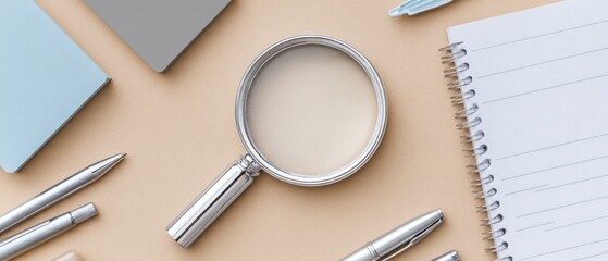 Neat arrangement of notebook, pens, magnifier, and pads on a beige background, creating an organized workspace aesthetic