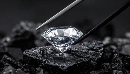 A dazzling white diamond held by tweezers, resting among glossy jet-black stones — a striking contrast of purity and elegance against a dark, reflective backdrop