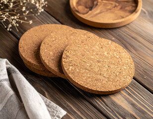 Round cork coasters stacked on wooden platter
