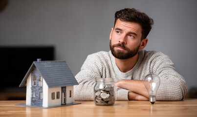 Man contemplates house, savings jar, and lightbulb on wood table, indoor setting, looking upwards