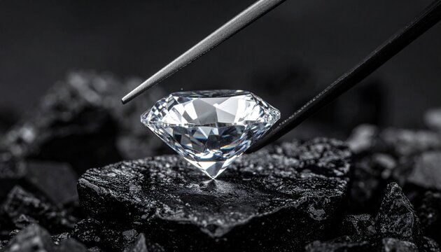 A dazzling white diamond held by tweezers, resting among glossy jet-black stones &mdash; a striking contrast of purity and elegance against a dark, reflective backdrop