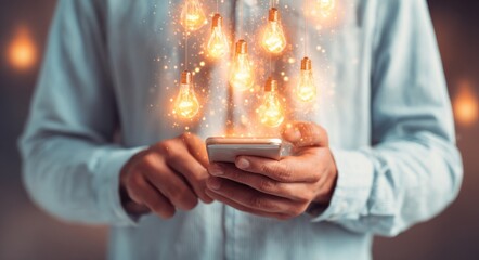 Person holding phone with glowing light bulbs rising from it, set on a blurred background with bokeh effect