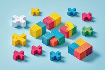 Obraz premium Colorful wooden puzzle pieces in various shapes, including plus signs and squares, arranged on a light blue background