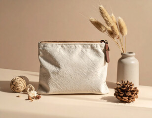 Beige canvas pouch with dried flowers on table