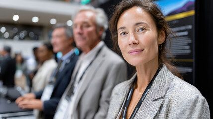 A poised businesswoman stands confidently at an expo, surrounded by industry professionals, radiating confidence and expertise in her field.