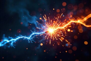 Close-up of sparking electrical wires, high voltage energy arcing, vibrant blue and orange flashes, chaotic energy, powerful electricity , energy, power lines