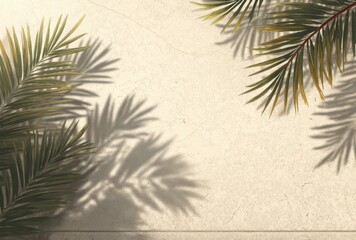 Palm leaves cast shadows on a textured, pale wall. Light and shadow create a tranquil, tropical feel. Elegant botanical composition