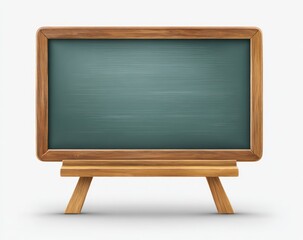 A vector image of a blank green chalkboard with wooden frame and stand against a white background, casting a soft shadow