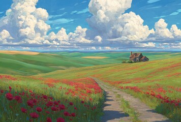 Rolling green hills with red poppies, a dirt path, and a cottage under a blue sky filled with fluffy clouds