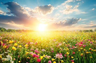 Vibrant wildflower field stretches to the horizon, bathed in warm sunlight beneath a partially cloudy sky