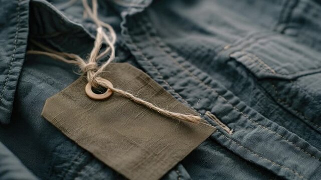 A small brown tag is attached to the shoulder of a blue denim shirt