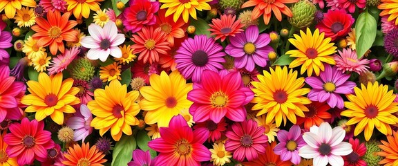 Vibrant summer blooms, seamless repeat, bright colors, lush, pattern