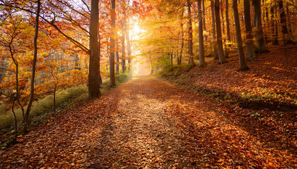 Obraz premium A Serene Forest Path Covered With Vibrant Autumn Leaves Sunlight Filters Through The Trees Creating A Warm Golden Atmosphere