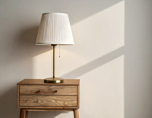 Table lamp on wooden nightstand in bright interior