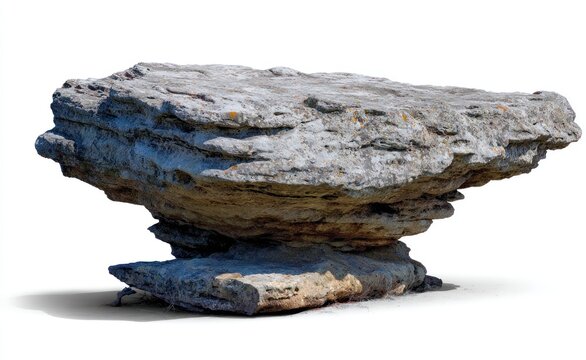 Weathered rock formation on white. Flat top, stacked tiers, jagged edges, gray tones, isolated form. Natural stone look
