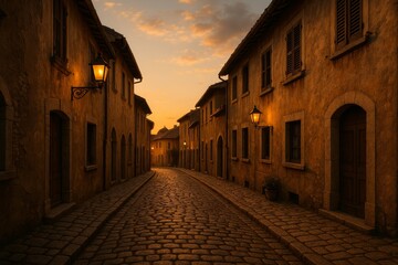 Fototapeta premium Old European street with cobblestone pavement and warm evening light 