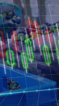 Financial data graph animation over workers harvesting olives