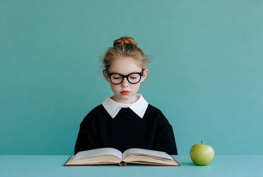 Girl with bun, reading book in black sweater, white collar, glasses. Green apple beside. Light teal background and table