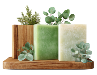 Two bars of soap isolated on transparent background with green leaves