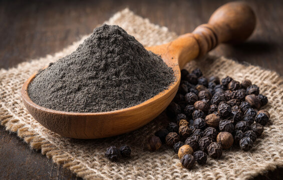 Black pepper powder in a wooden spoon and black peppercorns on a jute cloth background