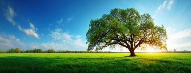 Vibrant, sun-drenched landscape featuring a large solitary tree in a verdant field under a bright blue sky with scattered clouds