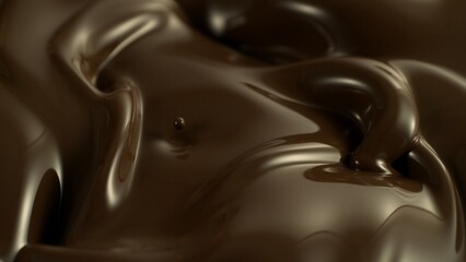 Macro shot of premium dark chocolate pouring. Freeze motion, splashing melted chocolate background.