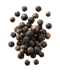Obraz premium Black peppercorns scattered on a white background, top view
